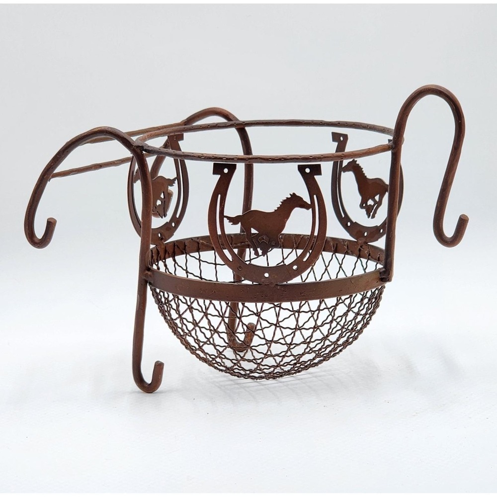 Vintage Horse Metal Basket Wrought Iron Fatwood Caddy Rustic Kindling Holder
